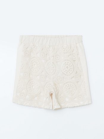 LCW ECO  Ivory Elastic Waist Lace Detail Girl's Shorts