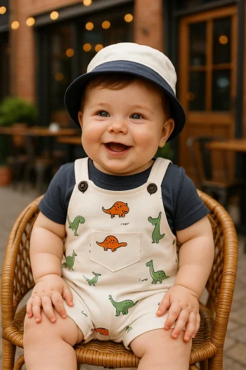 Dino Animals Bucket Hat %100 Cotton Fabric T-Shirt and Overalls 3-Piece Set