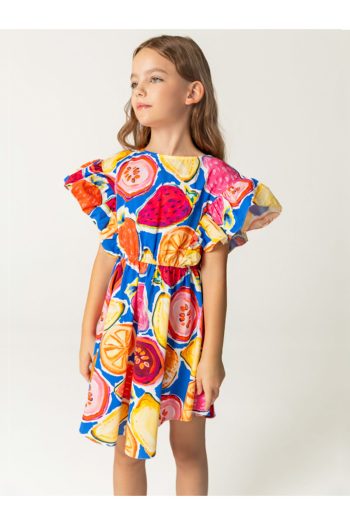 Sheer Patterned Cotton Elastic Waist Girls' Dress