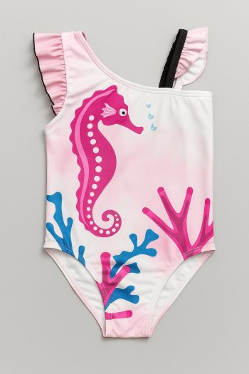 Girls' Pink Seahorse Print One-Shoulder Ruffled One-Piece Swimsuit