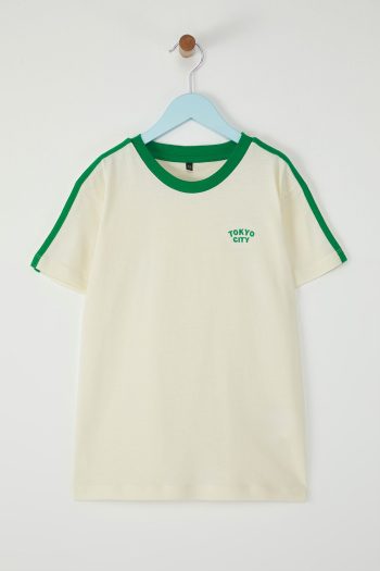 Trendyolmilla Kids Green Boy's 100% Cotton Slogan Embroidered Trim Detailed Short Sleeve Knit T-Shirt TKDSS25TS00100