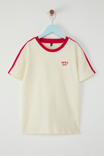 Trendyolmilla Kids Off-White Boys' 100% Cotton Slogan Embroidered Detailed Short Sleeve Knitted T-Shirt TKDSS25TS00100