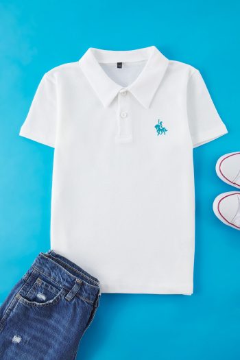 Trendyolmilla Kids Cream Boys' 100% Cotton Embroidered Polo Collar Short Sleeve Textured Knit T-Shirt TKDSS25TS00081