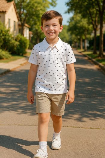 Trendyolmilla Kids Off-White Boys' 100% Cotton Printed Polo Collar Short Sleeve Knitted T-Shirt TKDSS25TS00082