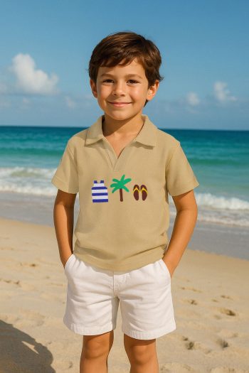 Trendyolmilla Kids Stone Printed Polo Neck Knitted T-Shirt for Boys 100% Cotton TKDSS25TS00081