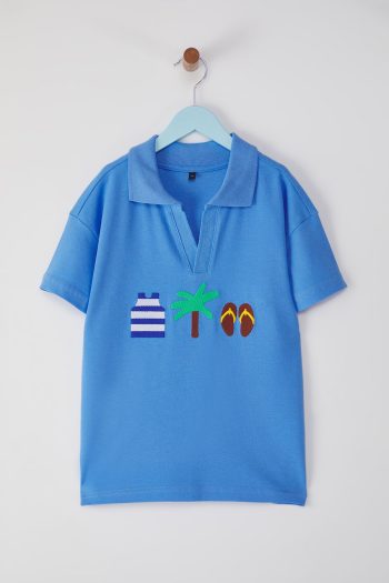 Trendyolmilla Kids Baby Blue Boys %100 Cotton Printed Polo Collar Knitted T-Shirt TKDSS25TS00081