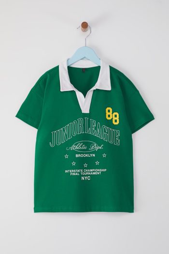 Trendyolmilla Kids Green Boys' 100% Cotton Slogan Printed Polo Collar Short Sleeve Knitted T-Shirt TKDSS25TS00080