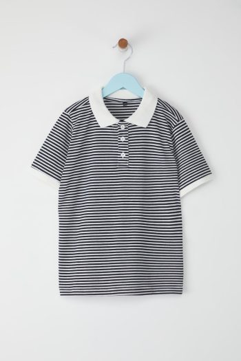 Trendyolmilla Kids Black Striped Polo Collar Short Sleeve Textured Knit T-Shirt TKDSS25TS00076