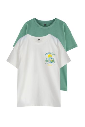 Trendyolmilla Kids Off-White-Green 2-Pack Boys' Oversize Knit T-Shirt TKDSS25TS00054