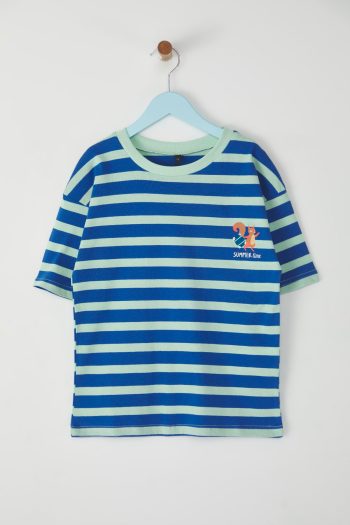 Trendyolmilla Kids Turquoise 100% Cotton Unisex Striped Printed Oversized Short Sleeve Knit T-Shirt TKDSS25TS00037