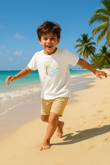 Trendyolmilla Kids Off-White Boys' 100% Cotton Palm Embroidered Regular Fit Short Sleeve T-Shirt TKDSS25TS00049