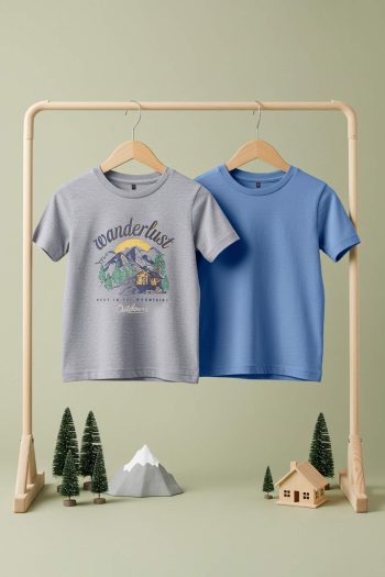 Trendyolmilla Kids "Indigo-Grey 2-Piece Boys' 100% Cotton Slogan Printed Short Sleeve Knit T-Shirt TKDSS25TS00016"