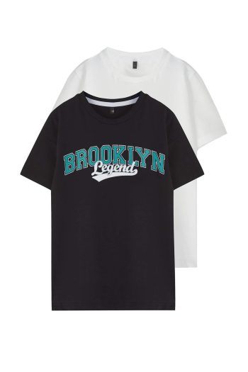 Trendyolmilla Kids Black-Cream 2-Pack Boys' Slogan Printed Knit T-Shirt TKDSS25TS00016