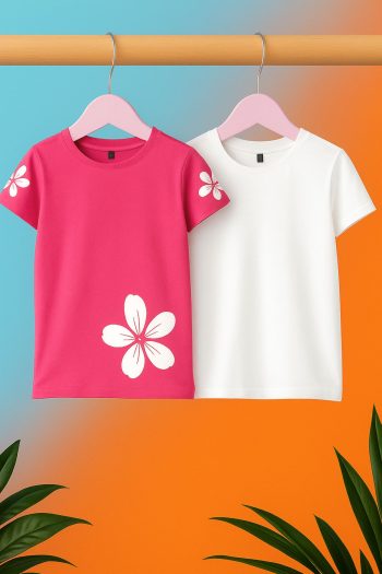 Trendyolmilla Kids Fuchsia-Ivory 2-Piece Girls' 100% Cotton Floral Short Sleeve Knit T-Shirt TKDSS25TS00109