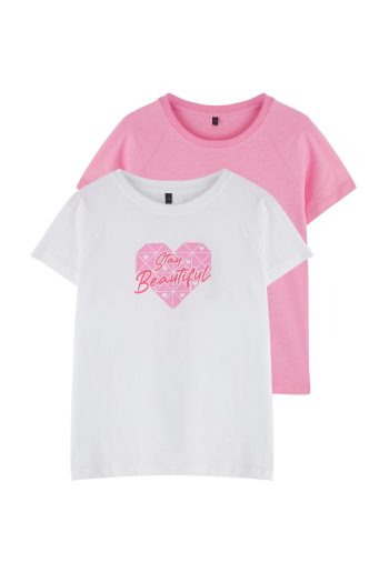 Trendyolmilla Kids White-Pink Pack of 2 Girls' 100% Cotton Slogan Printed Short Sleeve Knit T-Shirt TKDSS25TS00091