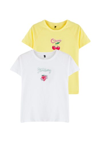 Trendyolmilla Kids White-Yellow 2-Piece Girls' 100% Cotton Fruit Printed Short Sleeve Knit T-Shirt TKDSS25TS00095