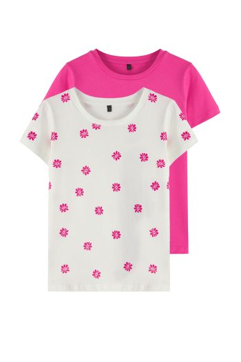 Trendyolmilla Kids Fuchsia-Ivory 2-Piece Girls' 100% Cotton Floral Short Sleeve Knitted T-Shirt TKDSS25TS00092