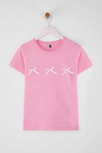 Trendyolmilla Kids Pink Girls 100% Cotton Ribbon Detail Short Sleeve Knit T-Shirt TKDSS25TS00105