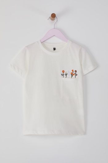 Trendyolmilla Kids Off-White Girls' 100% Cotton Floral Pocket Detailed Short Sleeve Knit T-Shirt TKDSS25TS00086