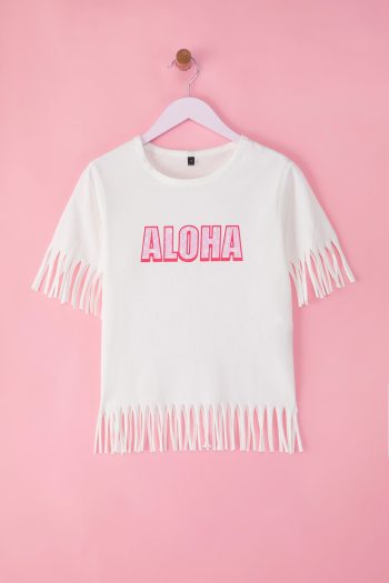 Trendyolmilla Kids Off-White Girls' 100% Cotton Slogan Printed Regular Fit Fringed Short Sleeve Knitted T-Shirt TKDSS25TS00067
