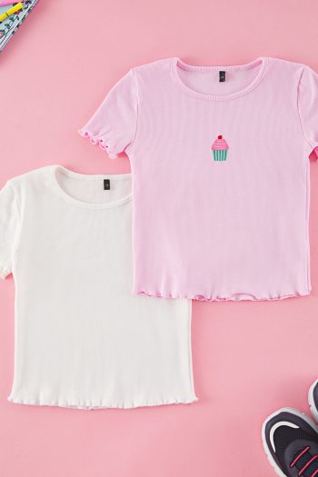 Trendyolmilla Kids Cream-Pink 2-Piece Cotton Short Sleeve Knit Crop T-Shirt TKDSS25TS00027