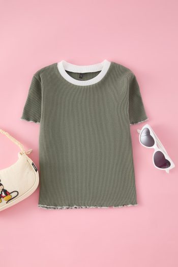 Trendyolmilla Kids Haki Girl's Cotton Basic Regular Fit Contrast Trim Short Sleeve Knit T-Shirt TKDSS25TS00024