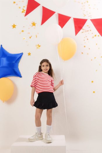 Trendyolmilla Kids Red Striped Girls %100 Cotton Heart Embroidered Oversized Short Sleeve Knit T-Shirt TKDSS25TS00036