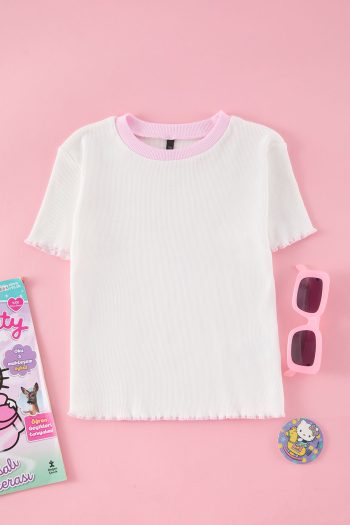 Trendyolmilla Kids Off-White Girls' Cotton Basic Regular Fit Contrast Trim Short Sleeve Knit T-Shirt TKDSS25TS00024