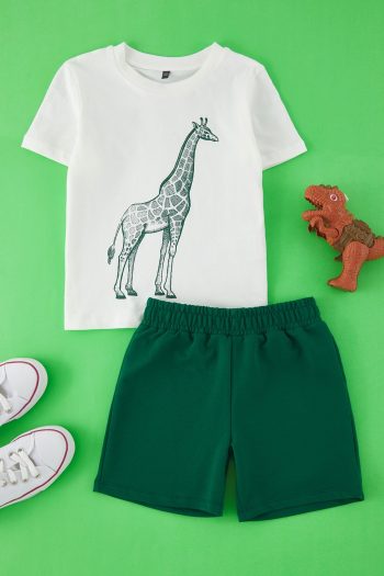 Trendyolmilla Kids Off-White Boys' Short Sleeve Knit Giraffe Print Top-Bottom Set %100 Cotton TKDSS25AU00154