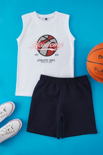 Trendyolmilla Kids White Boys %100 Cotton Basketball Printed Tank Top-Short Knit Set TKDSS25AU00139