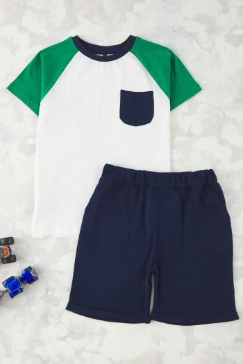 Trendyolmilla Kids Navy Blue Boys 100% Cotton Color Block Short Sleeve Knit Top and Bottom Set TKDSS25AU00114