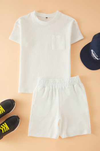 Trendyolmilla Kids Off-White Boys Cotton Basic Shorts T-Shirt Textured Knit Outfit Set TKDSS25AU00130