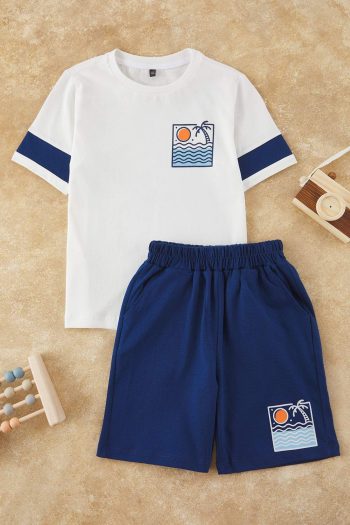 Trendyolmilla Kids Off-White Boys' 100% Cotton Printed Buttoned Short Sleeve Knit Set TKDSS25AU00081