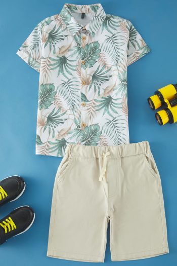 Trendyolmilla Kids Green Cotton Tropical Print Woven Shirt Shorts Set TKDSS25AU00037