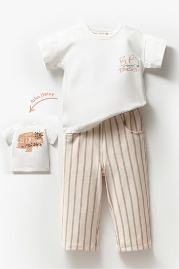 Jikko Baby Boys' Summer 2-Piece Set with Printed Back Detail T-Shirt and Striped Pants 3616