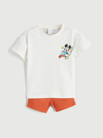 LCW Baby Bej Mickey Mouse Printed Boys' T-Shirt and Shorts Set of 2