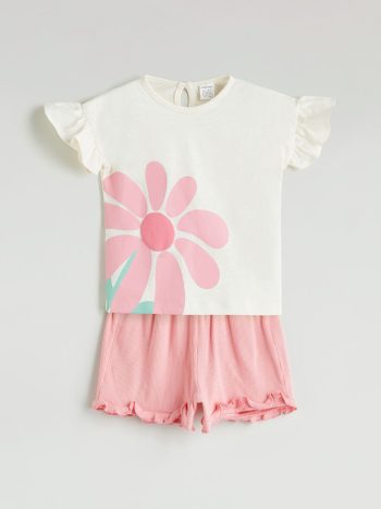 LCW Baby Beige Floral Girl's Blouse and Shorts Set 2-Piece