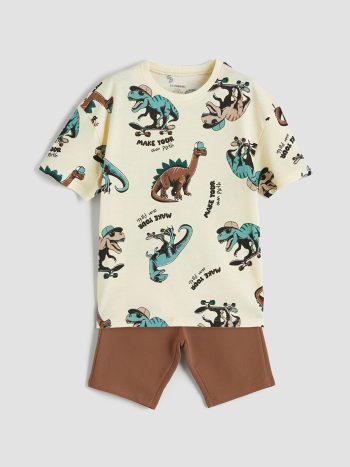 LCW Kids                                                                                       2-Piece Bej Dinosaur Print Boys T-Shirt and Shorts Set