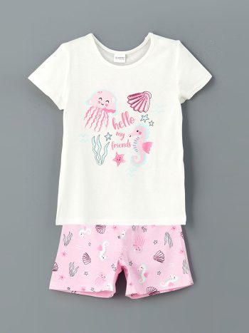 LCW Kids                                                                                        Off-White Printed Girls' T-Shirt and Shorts Set