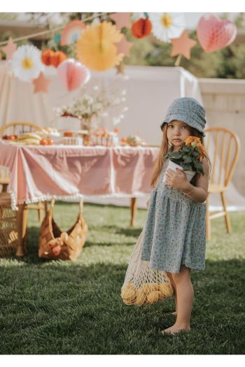 Cherry Kids Collar Detail Towel Fabric Blue Tulip Print Dress