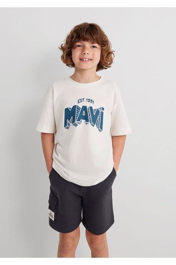 Oversized Cream T-Shirt with Blue Print 6610339-70057