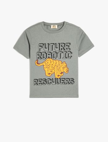 Boys' Short Sleeve Cotton T-Shirt with Slogan Print and Crew Neck