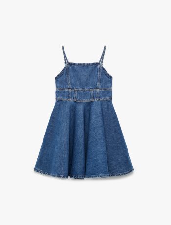 Girl's Cotton Pleated Thin Strap Denim Dress