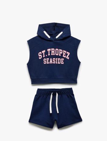Girl's Cotton Hooded Sleeveless T-shirt and Shorts Set