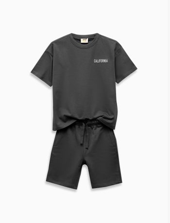 Boys' Cotton Bicycle Collar Short Sleeve Embroidered Top with Drawstring Shorts Two-Piece Set