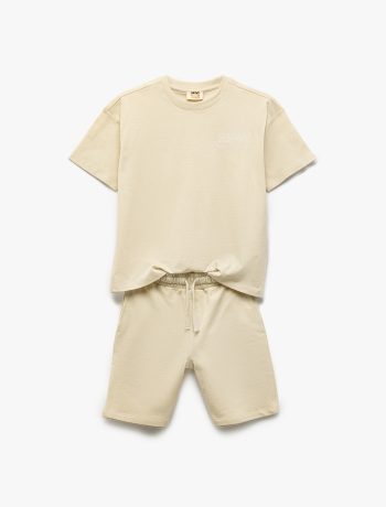 Boys' Cotton Short-Sleeve Embroidered Crew Neck Top with Drawstring Shorts Two-Piece Set