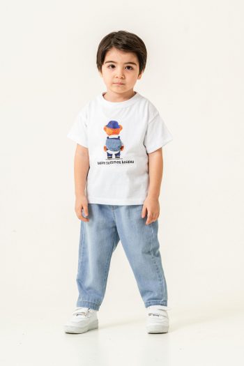 Teddy T-Shirt and Printed Denim Pant Set White