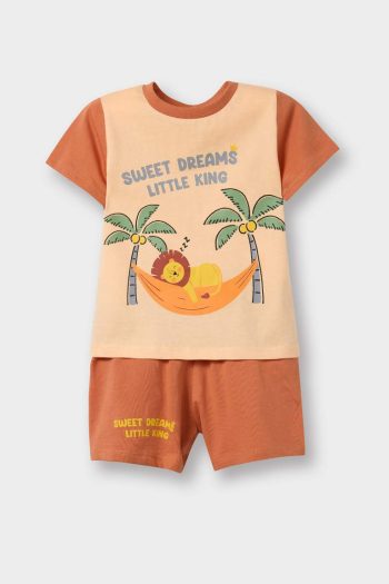 Boys' Pajama Set with Lion Print, Short Sleeve Cotton Pajama Top, Elastic Waist Pajama Shorts
