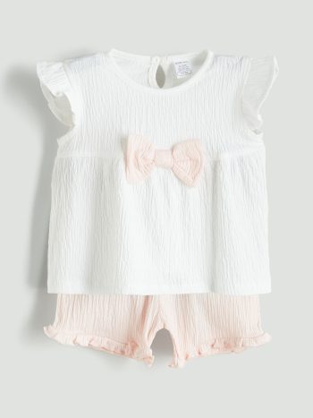 LCW Baby  Off-White Ribbon Girl Baby Blouse and Shorts Set (2 Pieces)