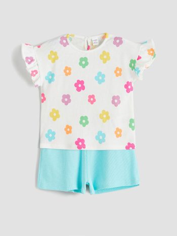 LCW Kids                                                                                        Off-White Floral Girl's Blouse and Shorts Set